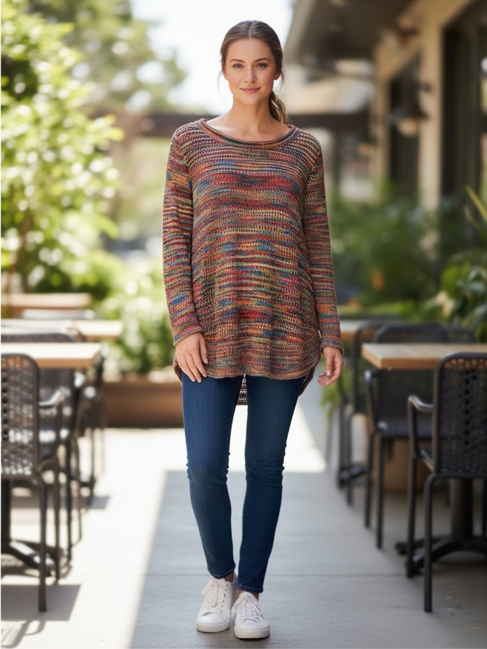 New Directions Boho Rainbow Space Dye Open Knit Sweater Large